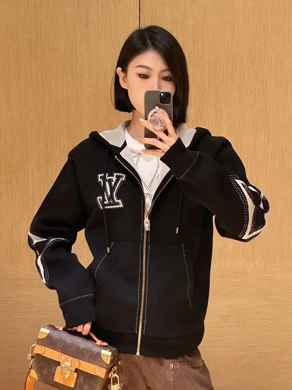 Louis Vuitton/Louis Vuitton intarsia jacquard logo cotton blend hooded jacket